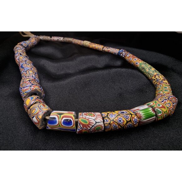 Antique African Millefiori Trade Bead Necklace Handmade Glass Beads On Cord Vibr - Picture 4 of 5